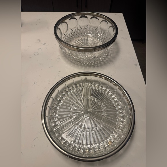 2 Vintage Leonard Italy Lead Crystal Serving Bowl with Silver Plate Rim - Picture 1 of 4